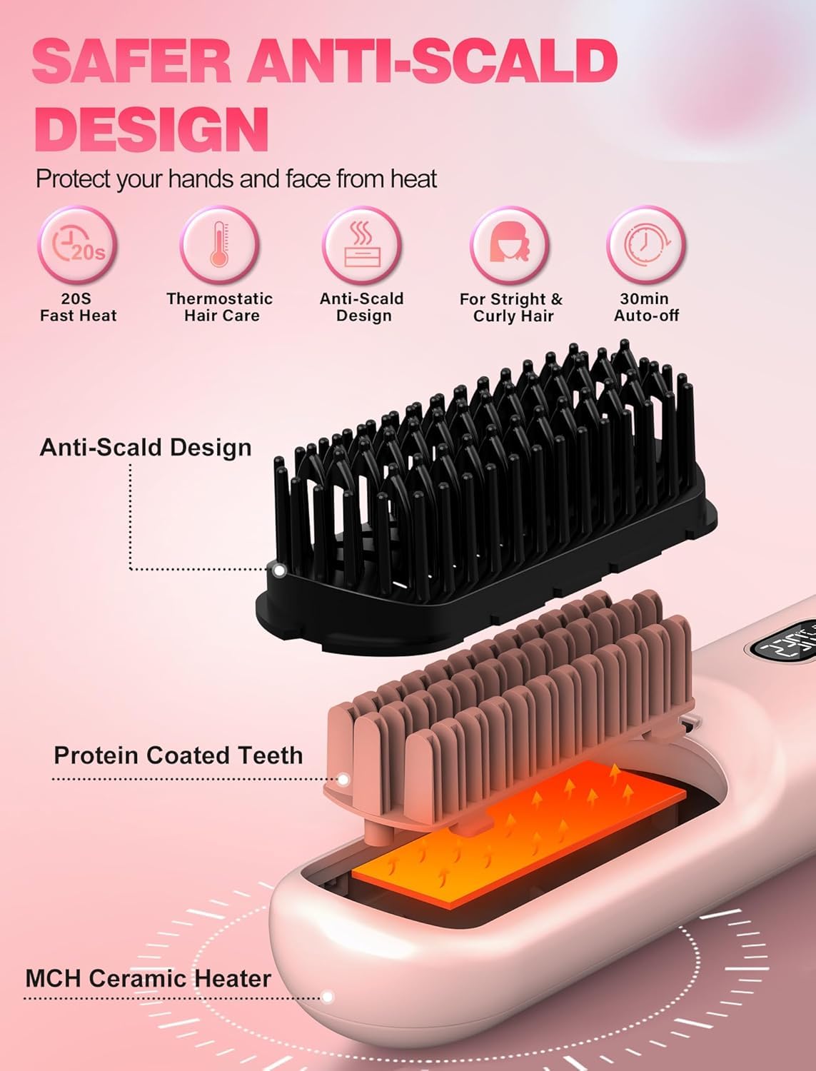 Cordless Hair Straightener Brush Go Brush Pro for Short Hair, Travel Hair Straightener with 20M Negative Ions, Rechargeable Straightening Brush, 30s Fast Heat, 12 Temp Settings, Anti-Scald, Pink