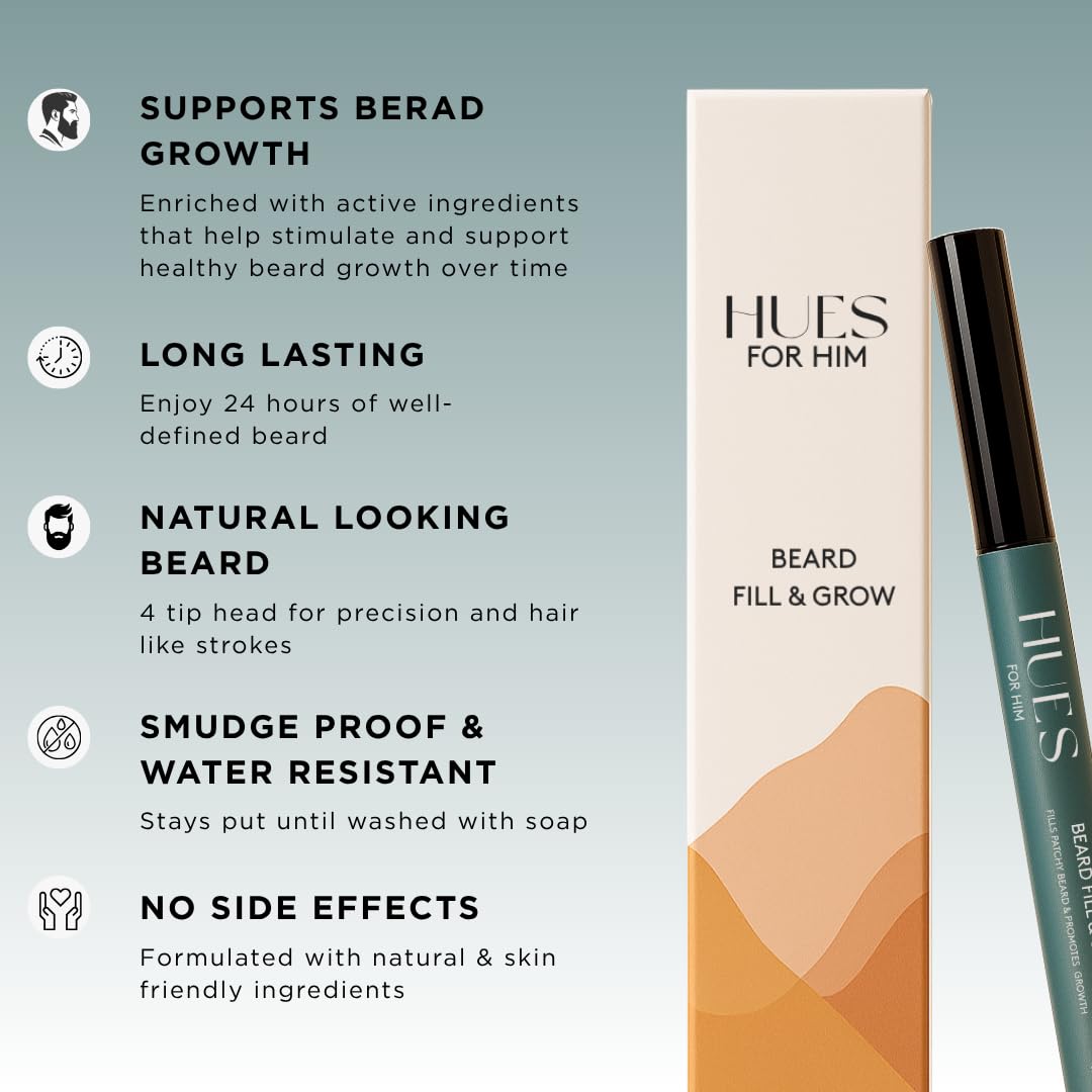 HUES FOR HIM Beard Fill & Grow Filler for Men | Growth Extract Formula | Waterproof, Smudge-Proof, Long-Lasting | Natural Look | Patchy Hair Coverage Solution (Brown)