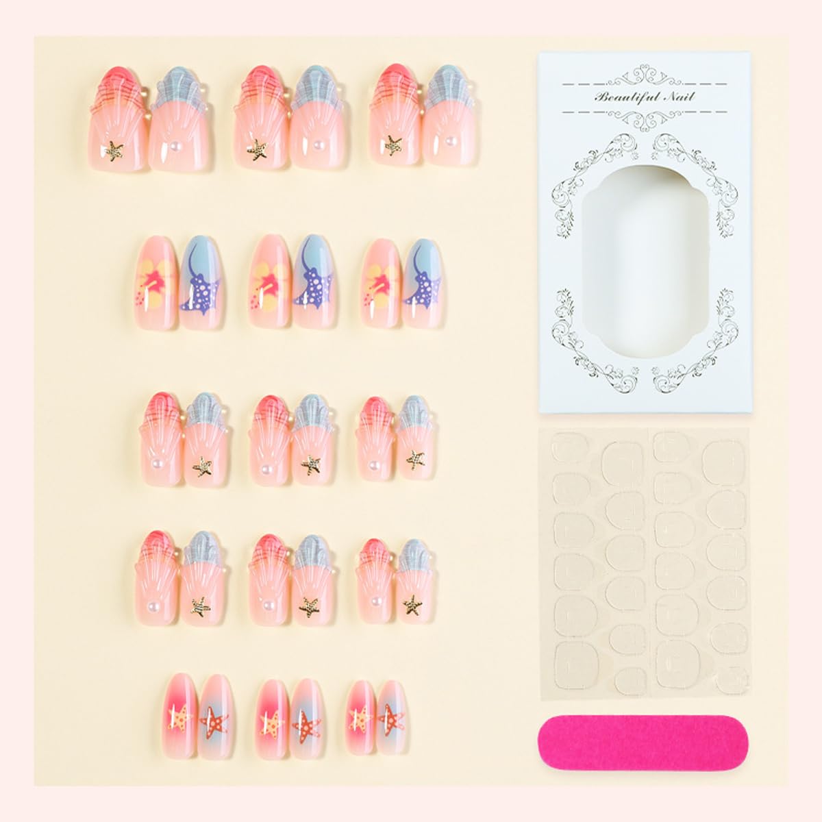 Ocean Press on Nails Medium Almond - Colorful Summer Fake Nails with 3D Seashell, Starfish & Manta Ray Designs, Cute Beach Glue on Nails for Women Manicure 15 Sizes - 30 Pcs