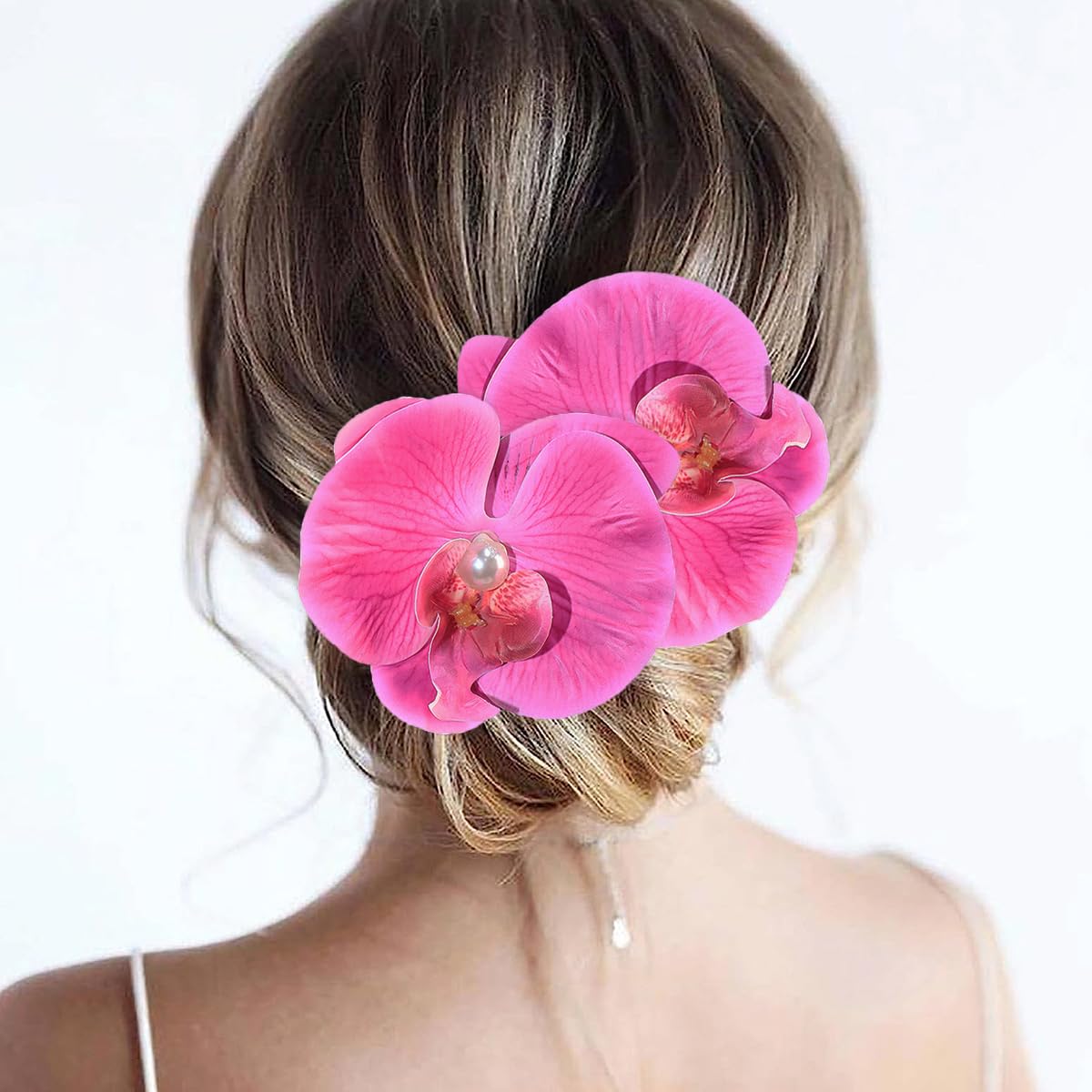 Boho Orchid Hair Clips - 2pcs Artificial Phalaenopsis Barrettes | Bridal Beach Party Accessories (Blue)