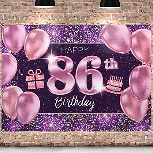 86th Birthday Banner Backdrop - Pink Purple Gold 4x6ft Party Decor