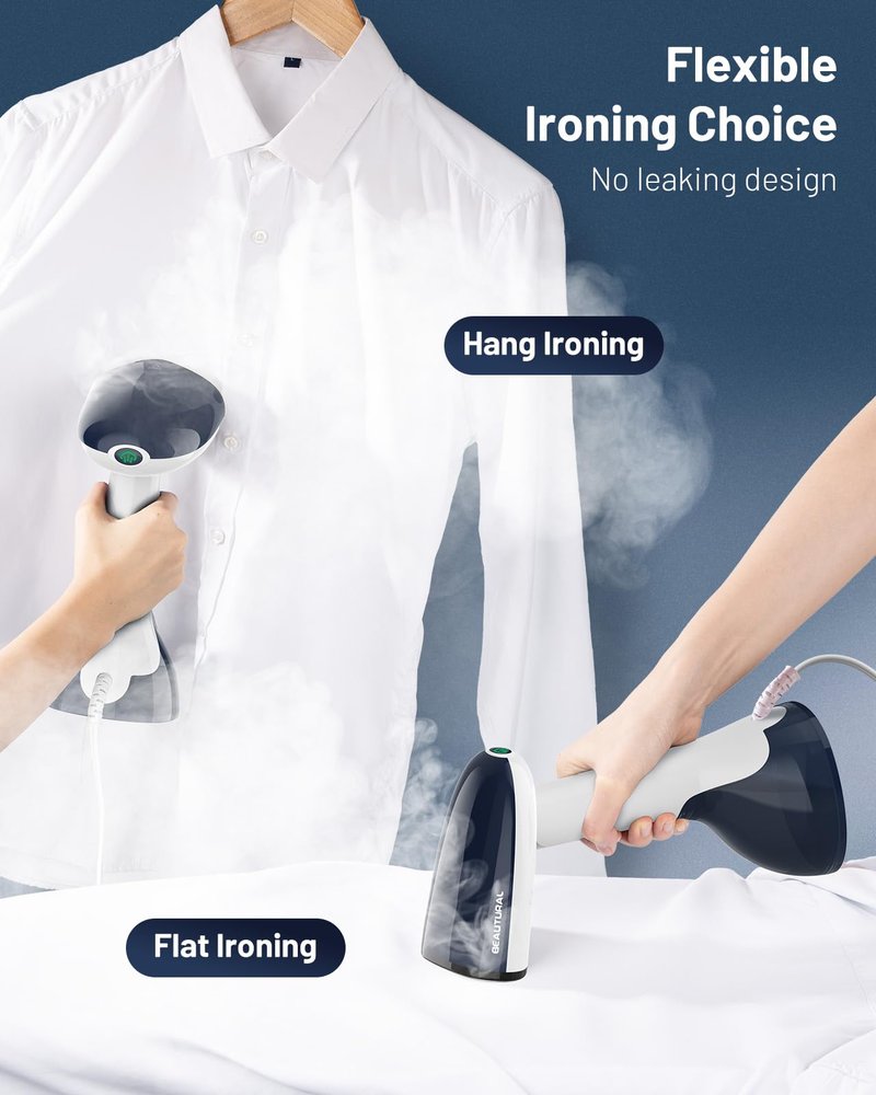 BEAUTURAL Steamer for Clothes, Portable Handheld Garment Fabric Wrinkles Remover, Aluminun Heating Plate, 35-Second Fast Heat-up, Large Detachable Water Tank (Only for 120V), Blue