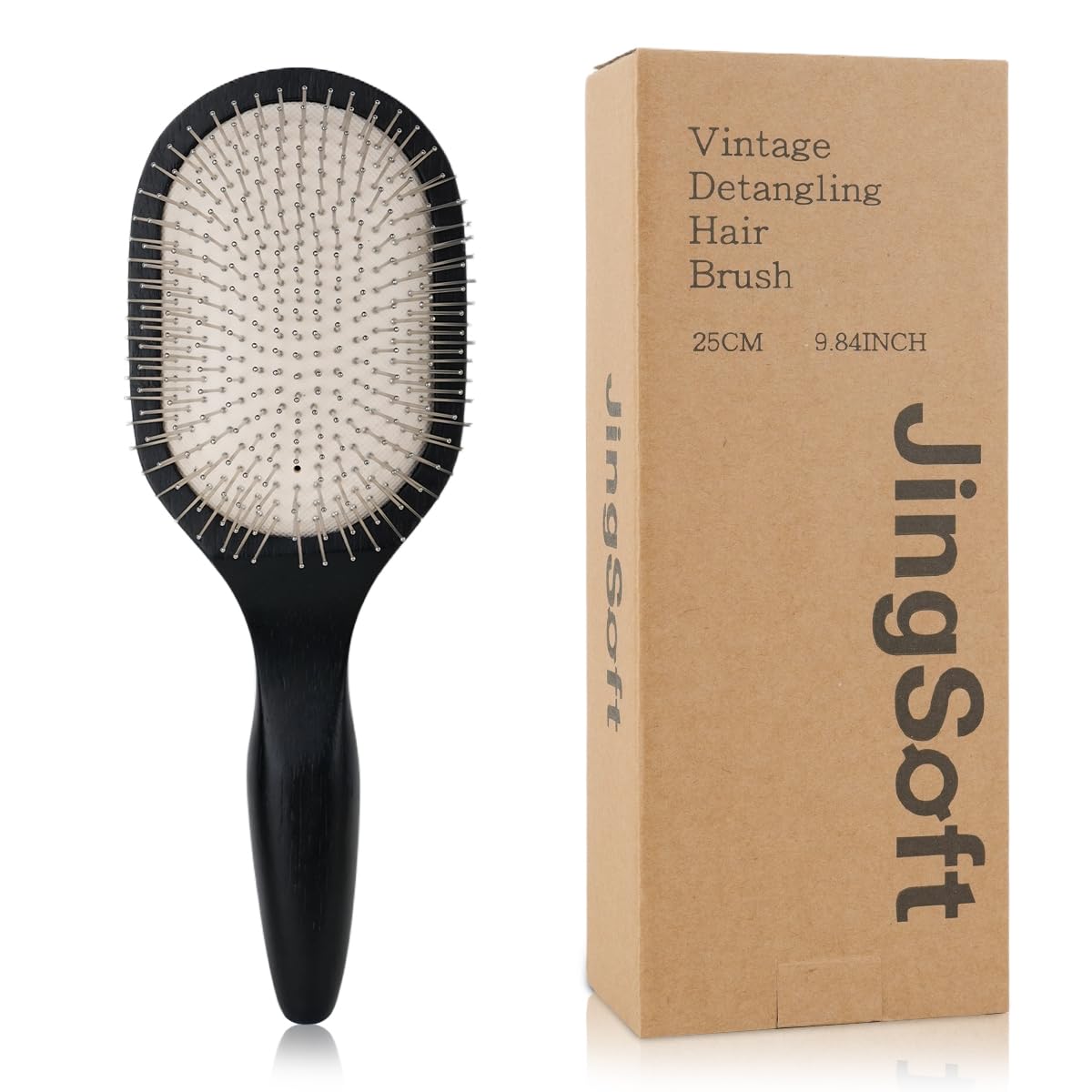JingSoft Oak Wooden Hair Brush Anti-Static, Smoothing & Scalp Massaging Detangler Brush with Stainless Steel Bristles for All Hair Types - Black