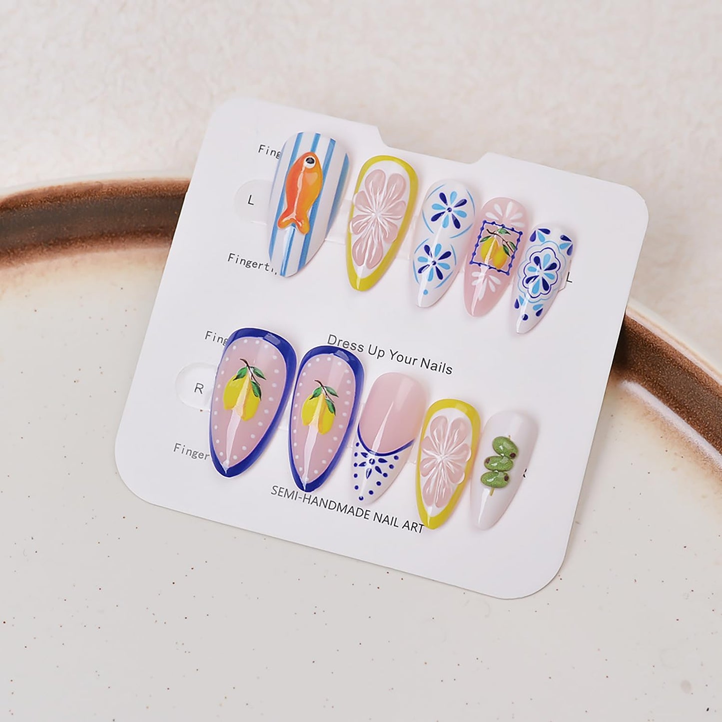 Press On Nails - 24Pcs Medium Almond 3D Cute Fish & Lemon Design | Reusable French Tip Acrylic Full Cover