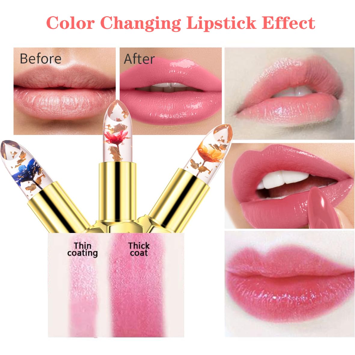 Jelly Clear Crystal Flower Lipstick Set - Magic PH Color Changing Lip Gloss | 3 Pcs Moisturizing Tinted Balm