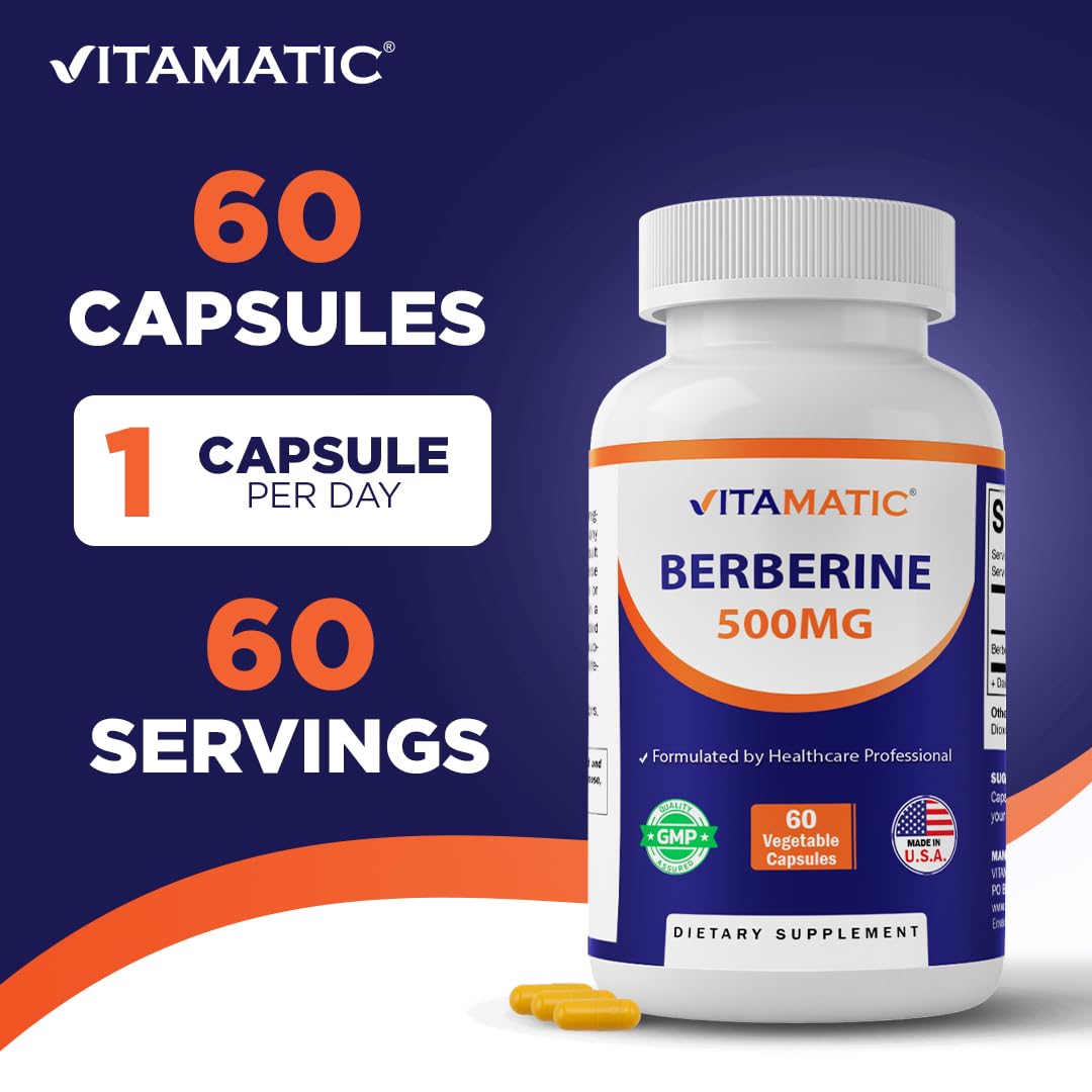 Vitamatic Berberine Supplement 500mg - 60 Vegetable Capsules - Made in the USA - Gluten Free - Non-GMO (3 Bottles)