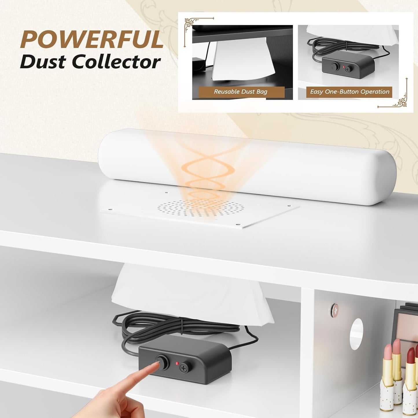 OmySalon Nail Desk - Electric Dust Collector Manicure Table | Rattan Professional Salon Station with Storage Drawers & Acetone Resistant Surface (White)