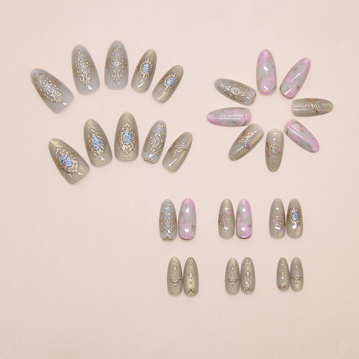 Almond Press-On Nails - 30 Pcs Medium 3D Gold Star Design | Glossy Full Cover Butterfly Acrylics