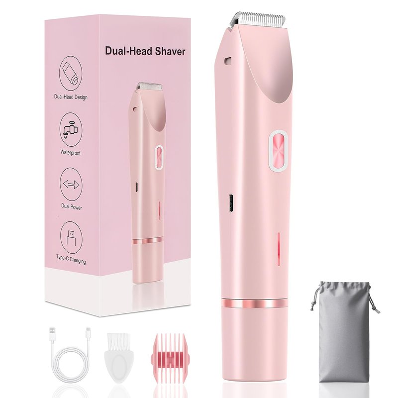 Bikini Trimmer for Women, 2 in 1 Dual Head Womens Electric Shaver, IPX7 Waterproof Electric Razors for Women Pubic Hair, Painless Hair Removal for Face, Body & Intimate Areas (Pink)