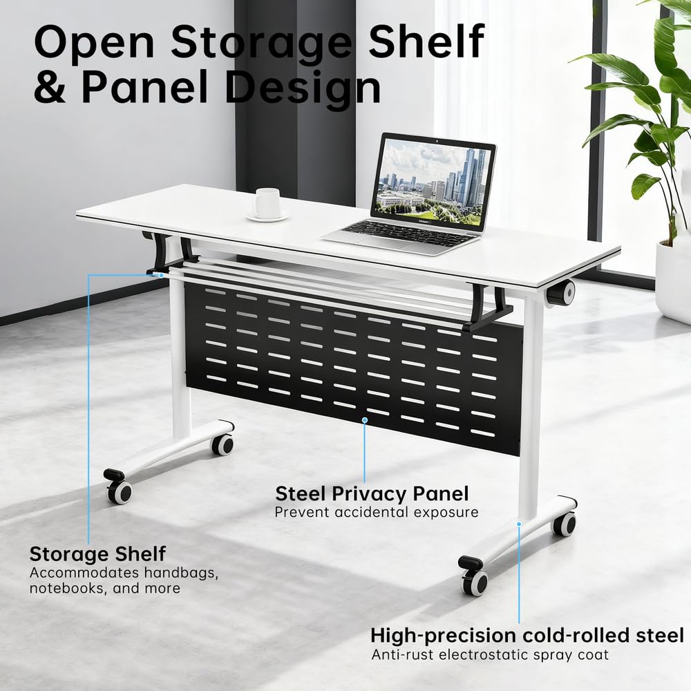 Jyrvonxex Foldable Conference Room Table,Modern Large Mobile Meeting Table with Storage Shelf,Modular Flip-Top Seminar Tables Desk with 360° Silent Wheels for Home Office and Training Classroom,White,