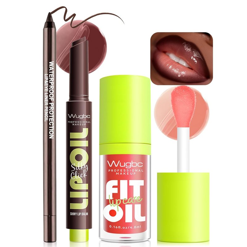 Dark Brown Lip Liner & Gloss Set - Moisturizing Lip Balm Oil for Plump, Non-Sticky Finish | Lightweight Tinted Lip Makeup