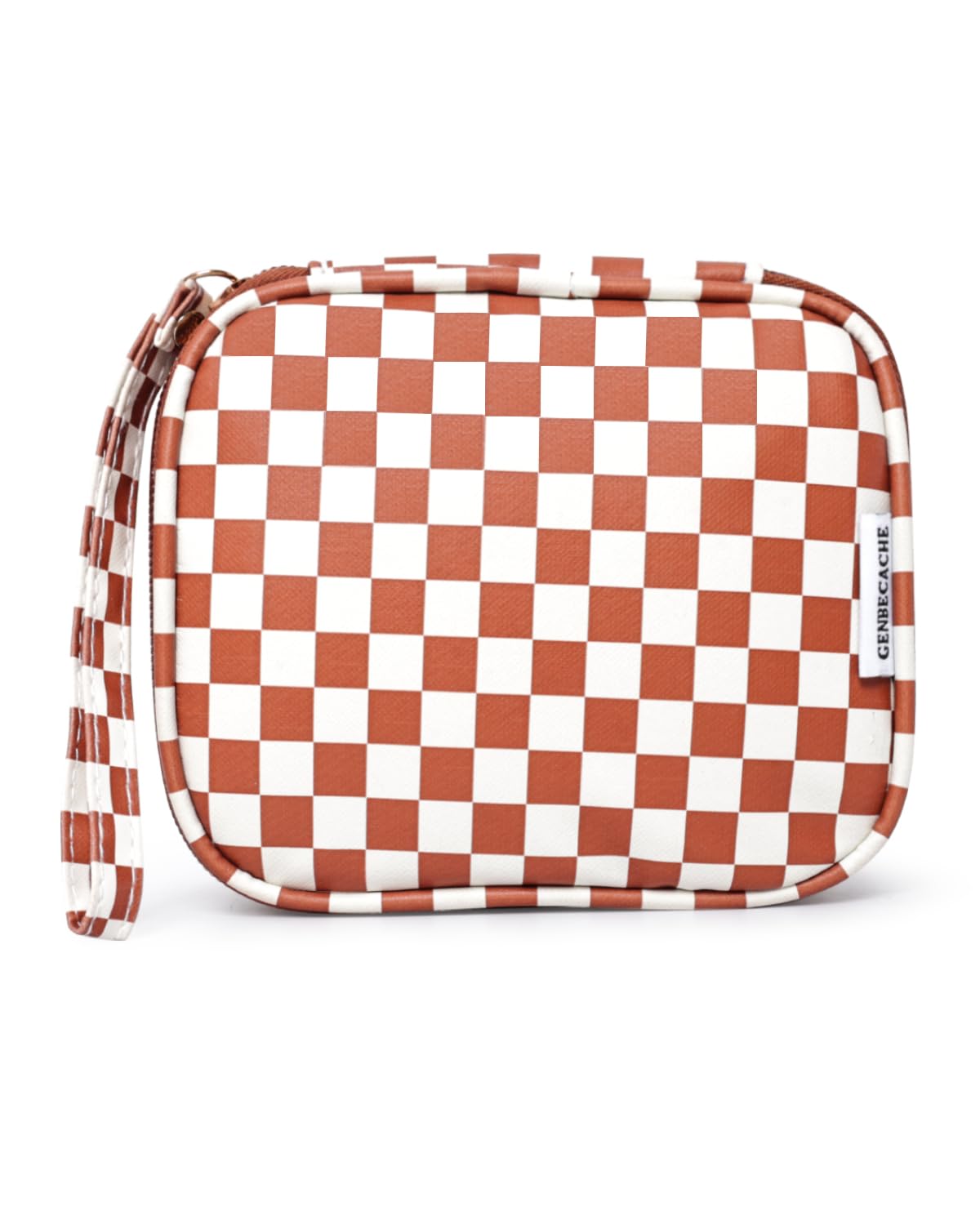 GENBECACHE Mini Cosmetic Bag, Small Makeup Bag for Purse, Zipper Checkered Pouch, Packing Cube for Travel with Wrist Strap, Brown