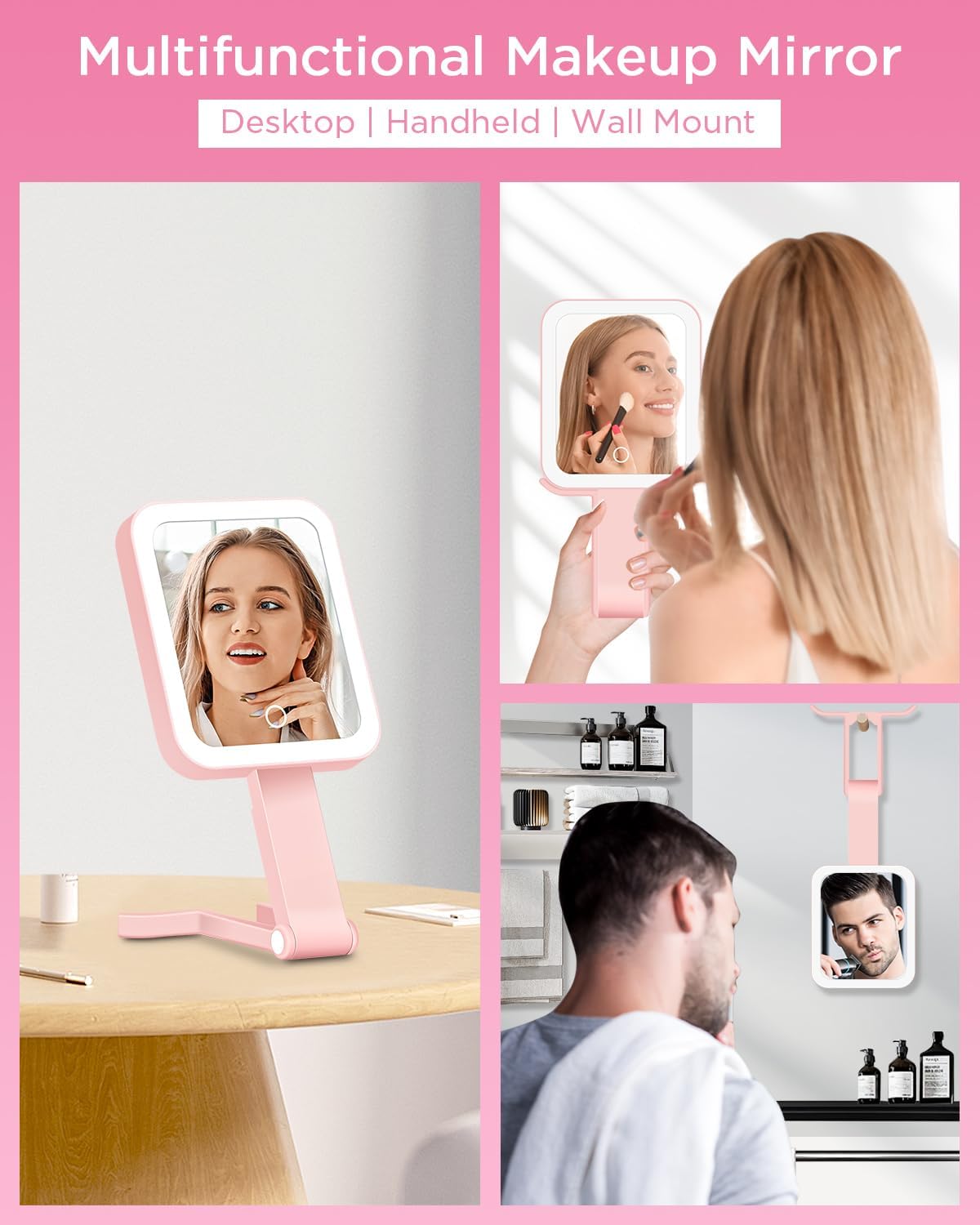Magnifying Makeup Mirror with LED Light - Double-Sided 10X/1X | Dimmable Touch Screen & Storage Bag - Pink (10.3 x 5.2 IN)
