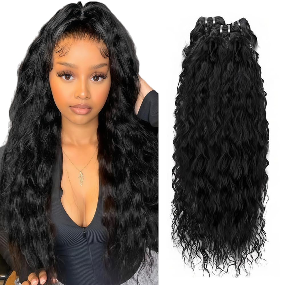 30 32 34 inch Natural Wavy Bundles Human Hair 300g Long Wavy Human Hair Extensions Water Wave Bundles Color #Natural Black