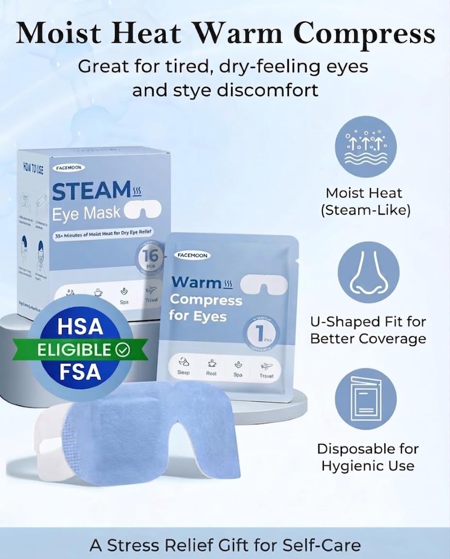 Steam Eye Masks - 16 Pack Self-Heating Warm Compress for Dry Eyes, Stye Relief & Stress Relief | Travel Essential, Unscented