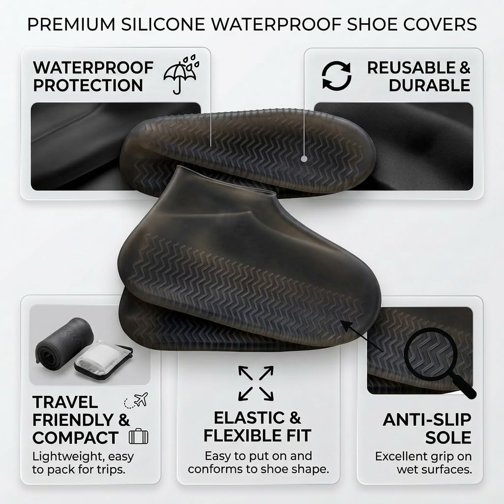 Waterproof Reusable Silicone Shoe Covers, Elastic Non Slip Overshoes for Rain Mud Travel Commuting Outdoor Shoe Protection, Silicone Rain Boot Covers for Daily Use Black Large