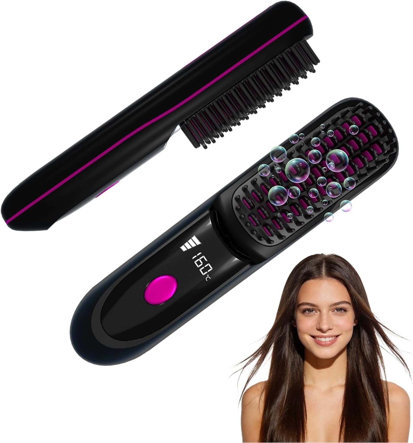 Portable Straightener Brushs for Travel, with LCD Temperature Display, Fast Heating Cordless Mini Hair Brushs (Black)