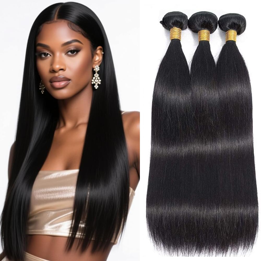Straight Bundles Human Hair 22 24 26 Inch Black Natural Color Human Hair Bundle Brazilian Virgin Hair 150g/3 Bundles Double Weft Hair Extensions