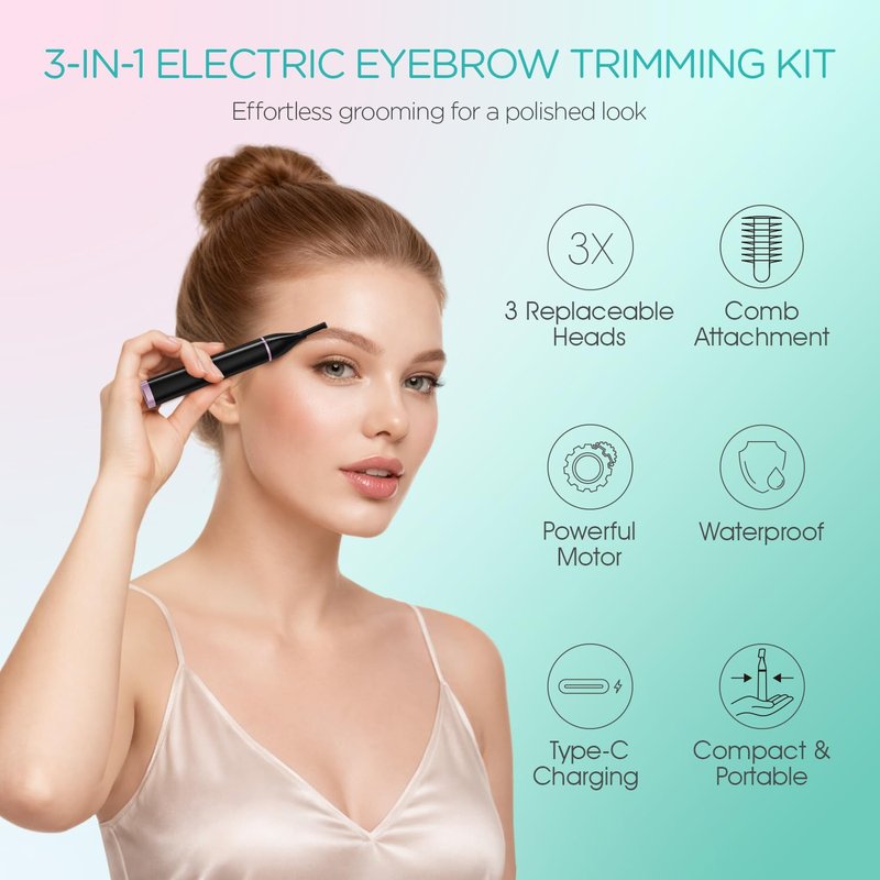 VOGOE Eyebrow Trimmer for Women, 3-in-1 Electric Eyebrow Razor & Facial Hair Remover, Painless Rechargeable & Portable for Brows, Peach Fuzz, Lips and Chin (Black)