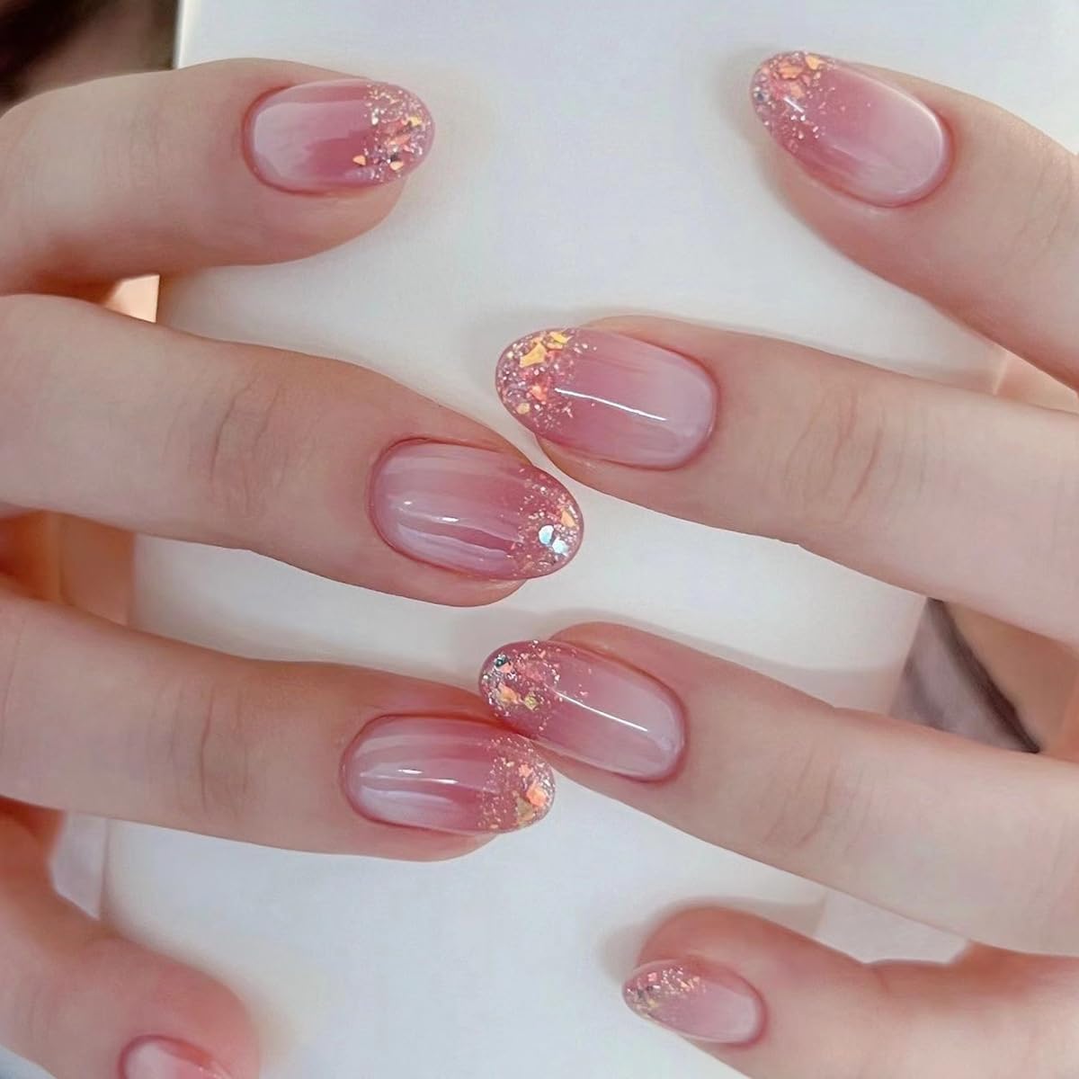 Short Almond Press-On Nails - French Tip & 3D Gold Star Design | Glossy Full Cover Acrylic, Reusable Fake Nails for Women