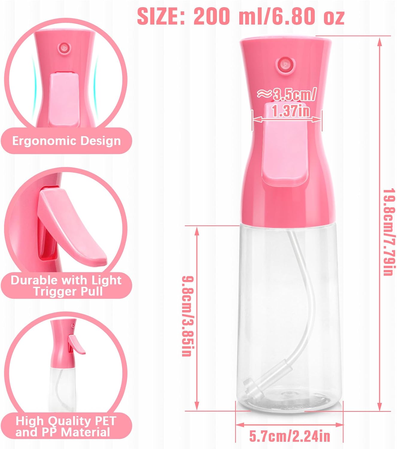 Continuous Water Mister Spray Bottle for Hair - Ultra Fine Mist Sprayer | 6.8 OZ Pink