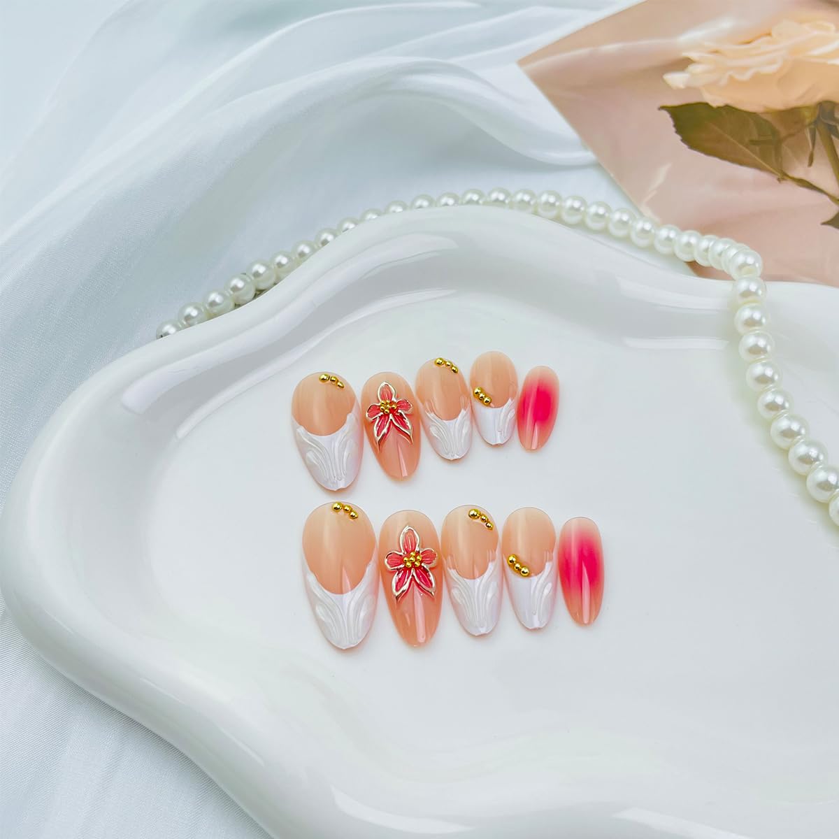 3D Pink Press-On Nails - Almond Medium French Tip with Embossed Flower & Gold Beads | 24 Pcs Glossy Reusable Full Cover Set