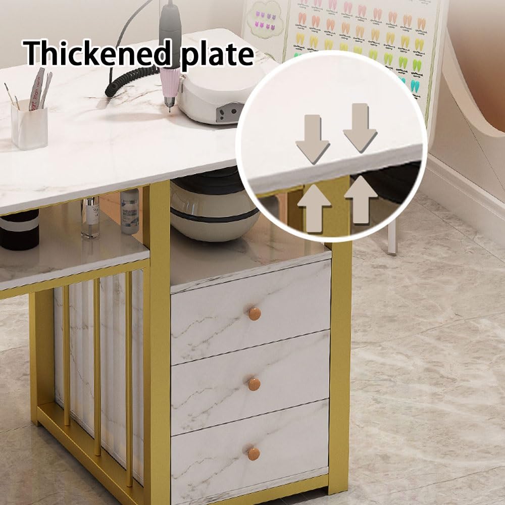 SHGCLKD Marble Finish Nail Desk for Nail Tech, Manicure Table with Gold Frame, Portable Nail Table, Spacious Workstation for Beauty Salon, Spa, Home, Office(120cm-47.2in)