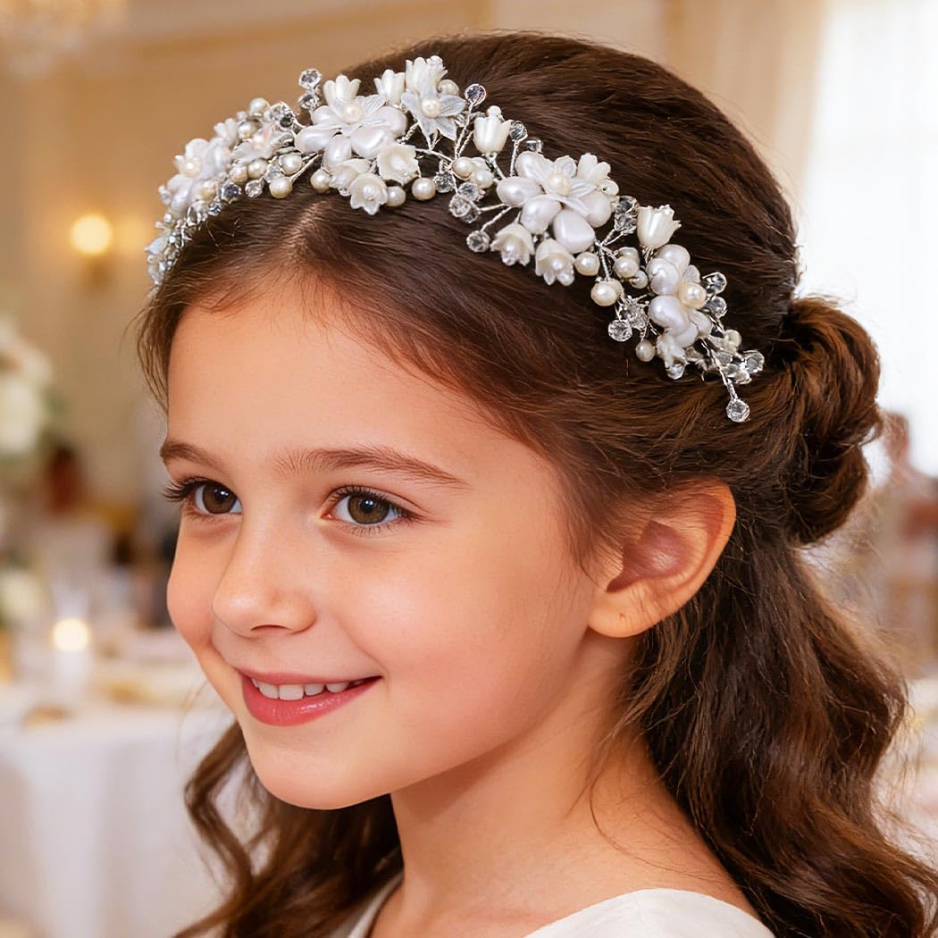 Campsis Flower Girls Hair Accessory, White Floral Headpiece, Wedding Pearl Headband for Girls