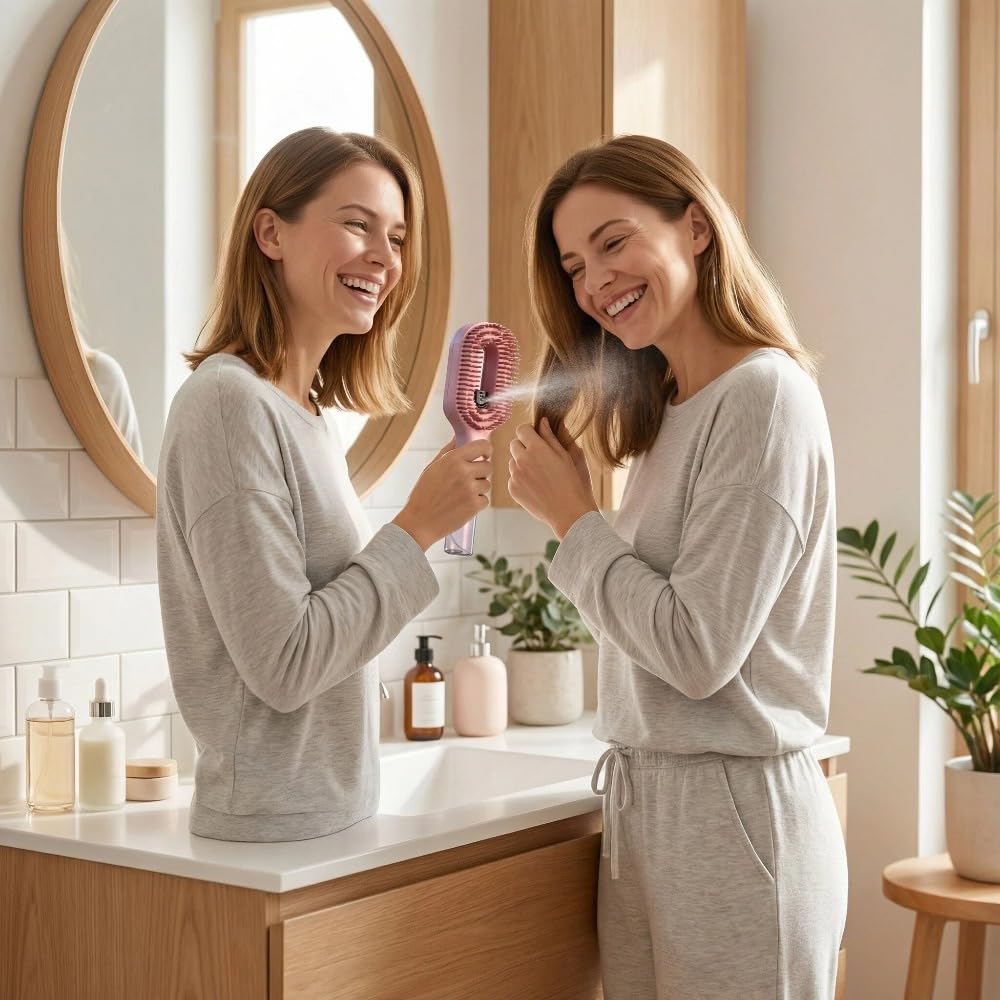 2-in-1 Detangling Brush with Built-In Mist & Wet & Dry, Liquid Spraying Hair Brush | spray brush for hair, Frizz-Free Hair - Quick Refresh for Women & Girls On-The-Go (Pink)