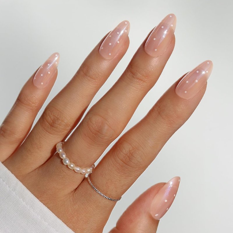 Glamnetic Press On Nails - Sugar Glazed Medium Oval Fake Nails | Sheer Nude Base with Mini White Polka Dots, 15 Sizes - 30 Nail Kit with Glue