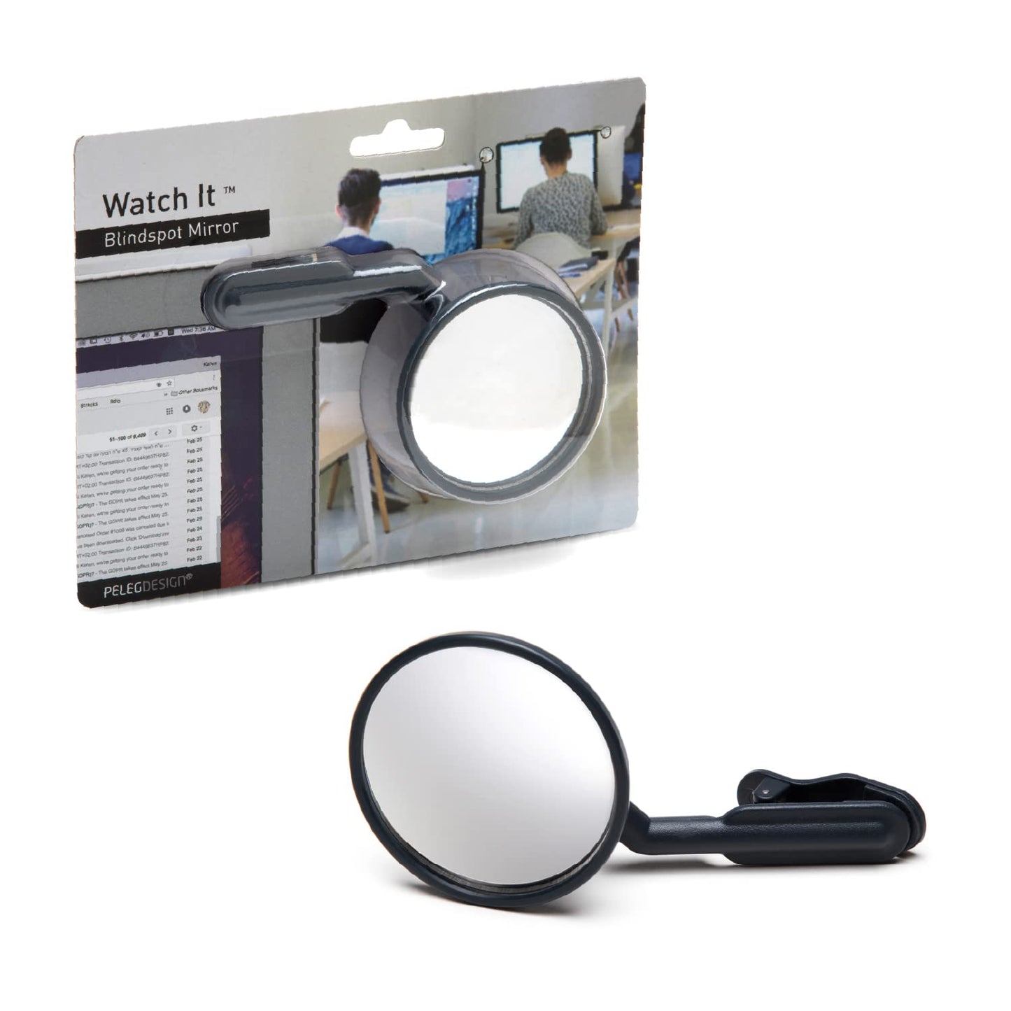 Peleg Design Watch-It – Monitor Mirror, Clip-On Cubicle, Computer Rear-View mirror, Convex for Personal Safety or Security, Cabinet Desk Rear-View Monitors Blind Spot