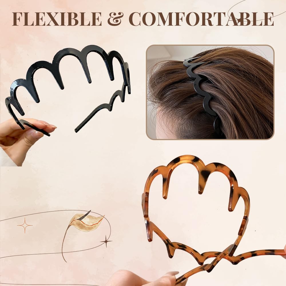 2 Pack U Shape Fashion Tooth Hair Comb Headband, Zig Zag High Cranium Headbands for Women, Reverse Hair Bands with Teeth for Women Girls (Amber & Black, one size)
