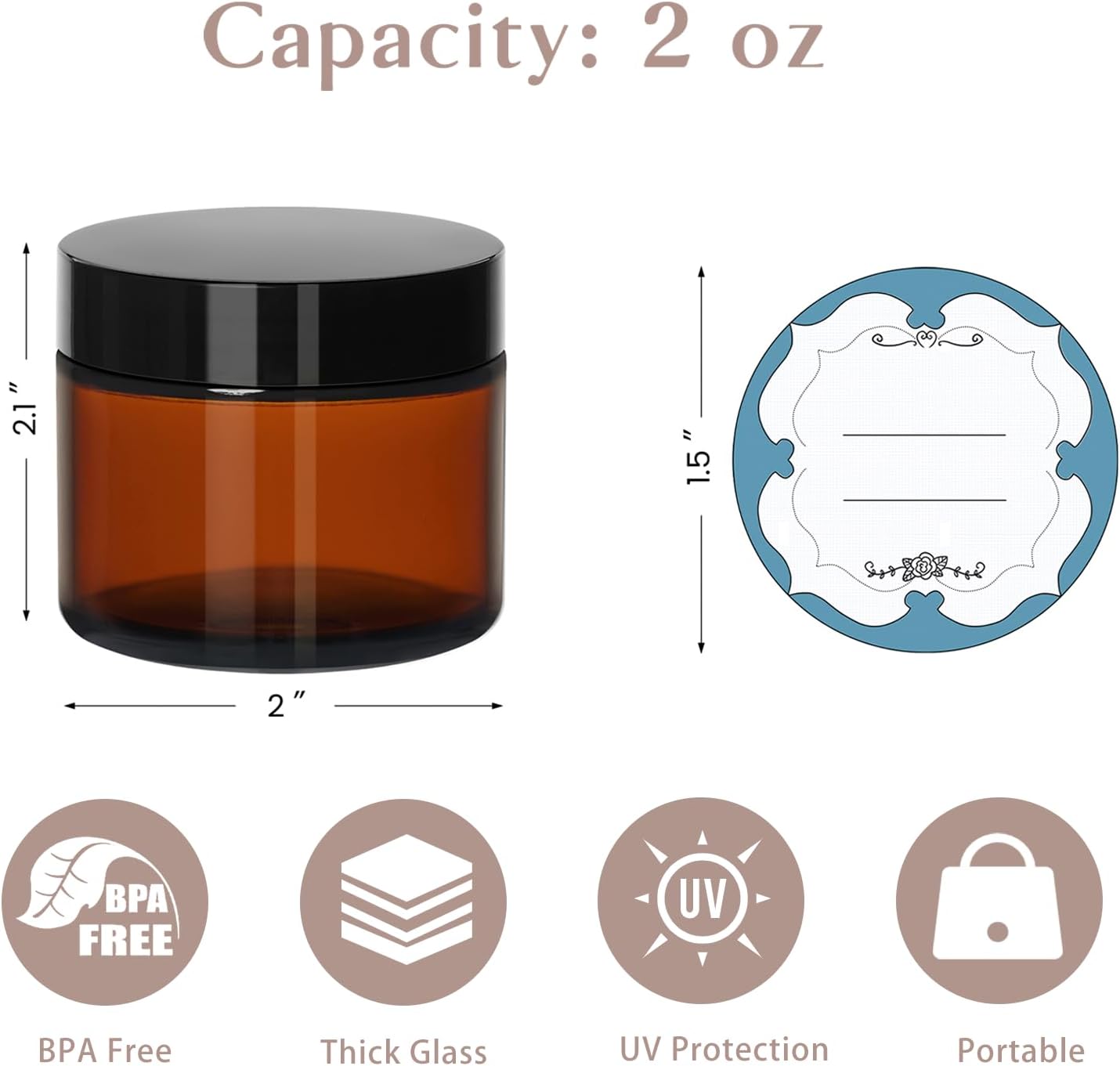 Airtight Amber Glass Jars - 2 Oz Small Cosmetic Containers | 12 Pack for Lotions, Creams, Candles