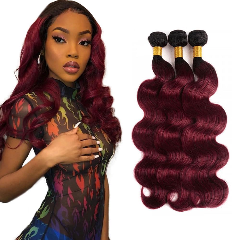 DiexrLamx 1B99J Bundles Human Hair Burgundy Body Wave Bundle 20 22 24 Inch Burgundy Ombre Bundle Human Virgin Remy Hair 3 Bundles