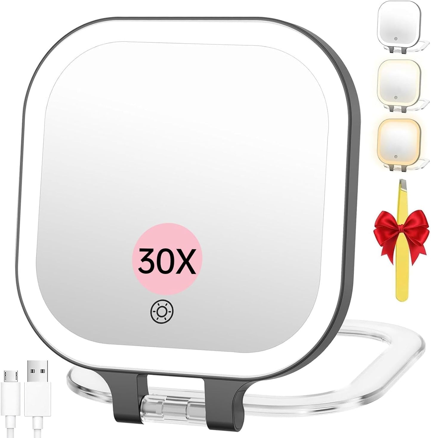 Rechargeable Travel Makeup Mirror - 30X Magnification, 7" Lighted Vanity Mirror with 3 Color Lighting & Dimming | Black