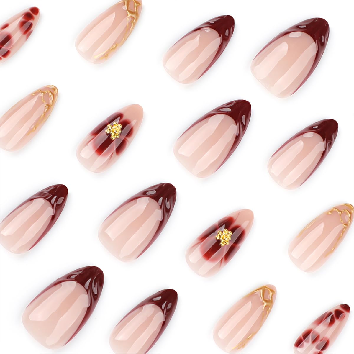 Short Almond Press-On Nails - 24 Pcs French Tip with Leopard Print & Gold Beads | Reusable Acrylic Nail Designs for Women