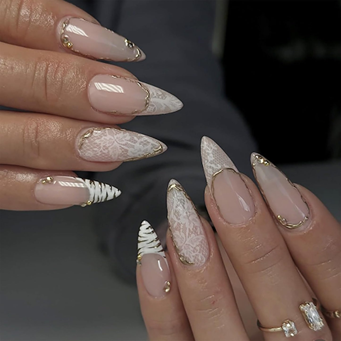 Almond Press-On Nails - White French Tip with 3D Gold Bow | Reusable Acrylic Full Cover, 24 Pcs