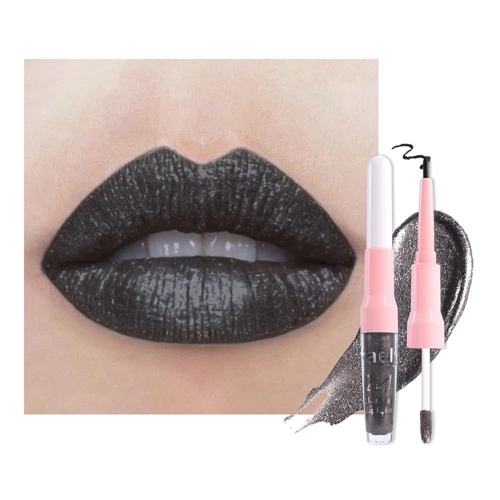 Dark Purple Red Metallic Glitter Lip Liner & Lipstick Combo - Long Lasting Waterproof Liquid Lipstick Set for Women | Iridescent Shine, Non-Stick Cup