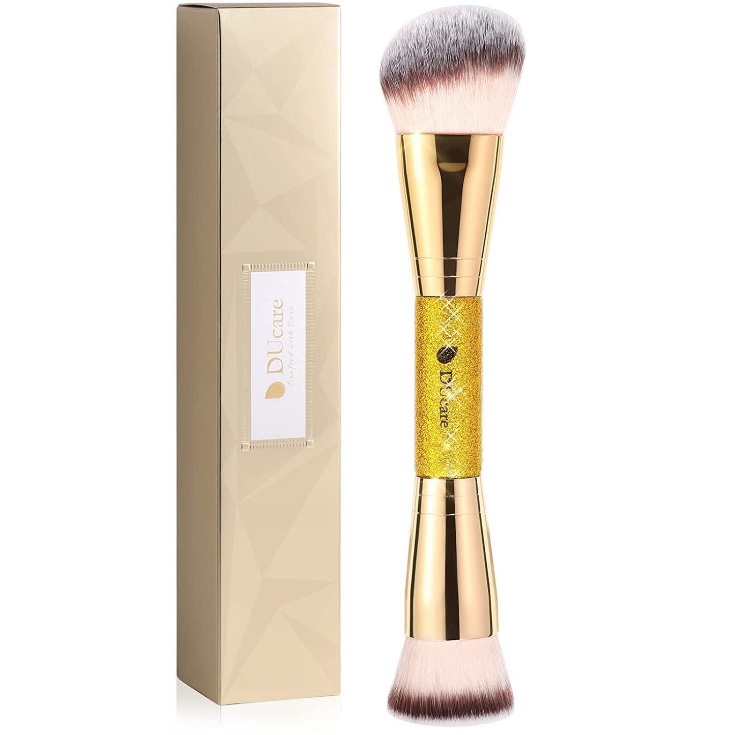 DUcare Dual End Foundation Brush - Professional Contour & Bronzer Tool for Liquid, Cream, & Powder Makeup | Gold Glitter Handle