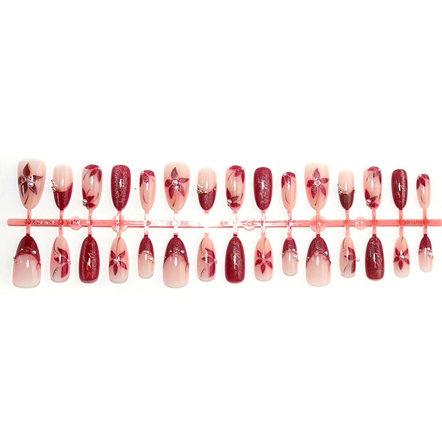 Almond Press On Nails - 30Pcs Medium Fake Nails with 3D Floral Art | Red French Gradient Acrylic for Women