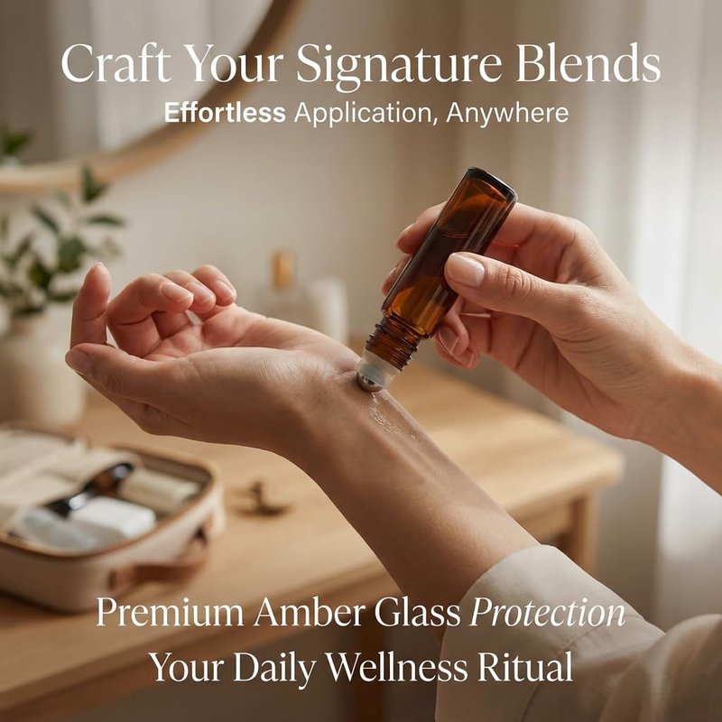 Amber Glass Oil Roller Bottles - 4 Pack 10ml Leak-Proof Refillable | Essential Oils & Perfume