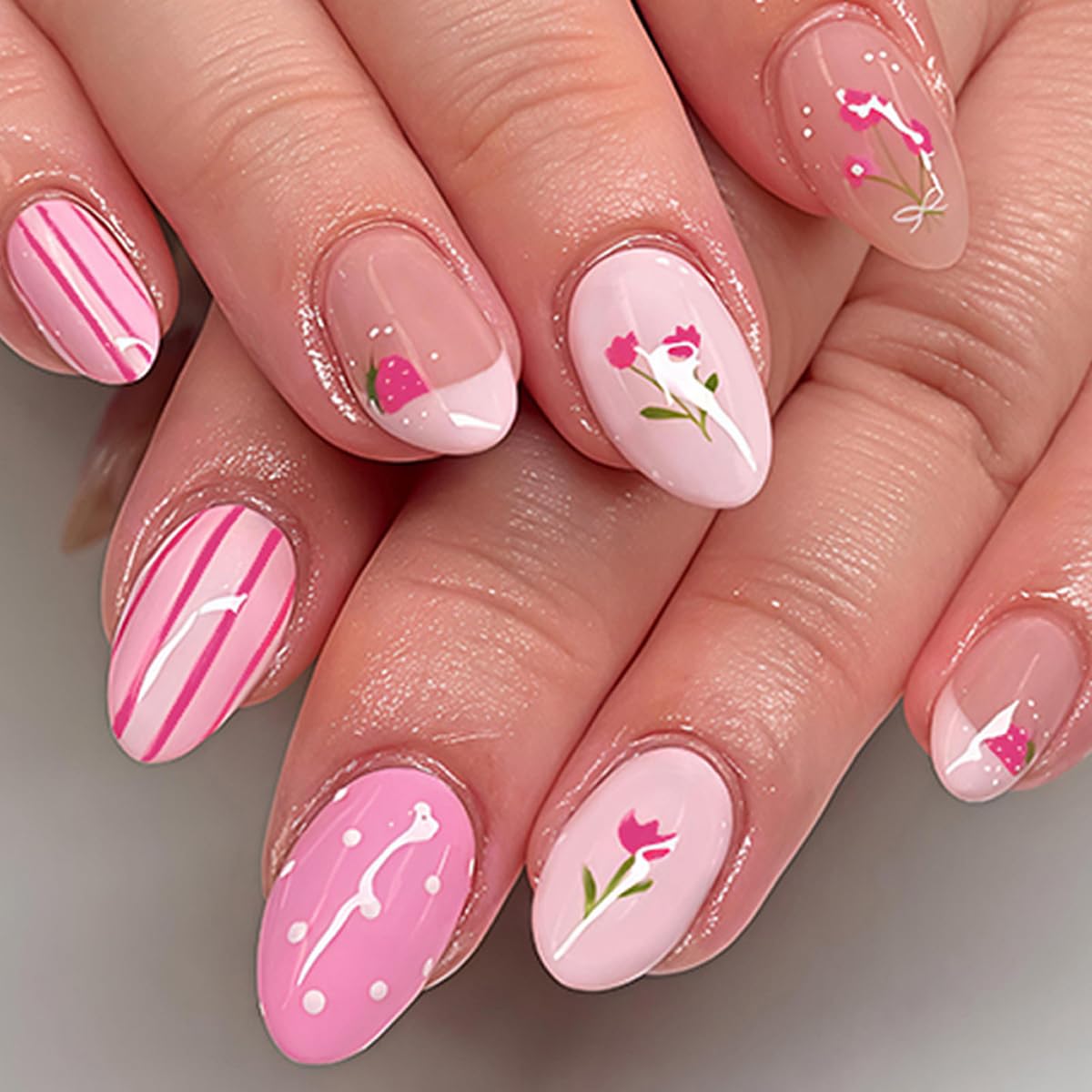 Almond Press-On Nails - Leaf Design Green Full Cover Glossy Fake Nails | 24PCS for Women