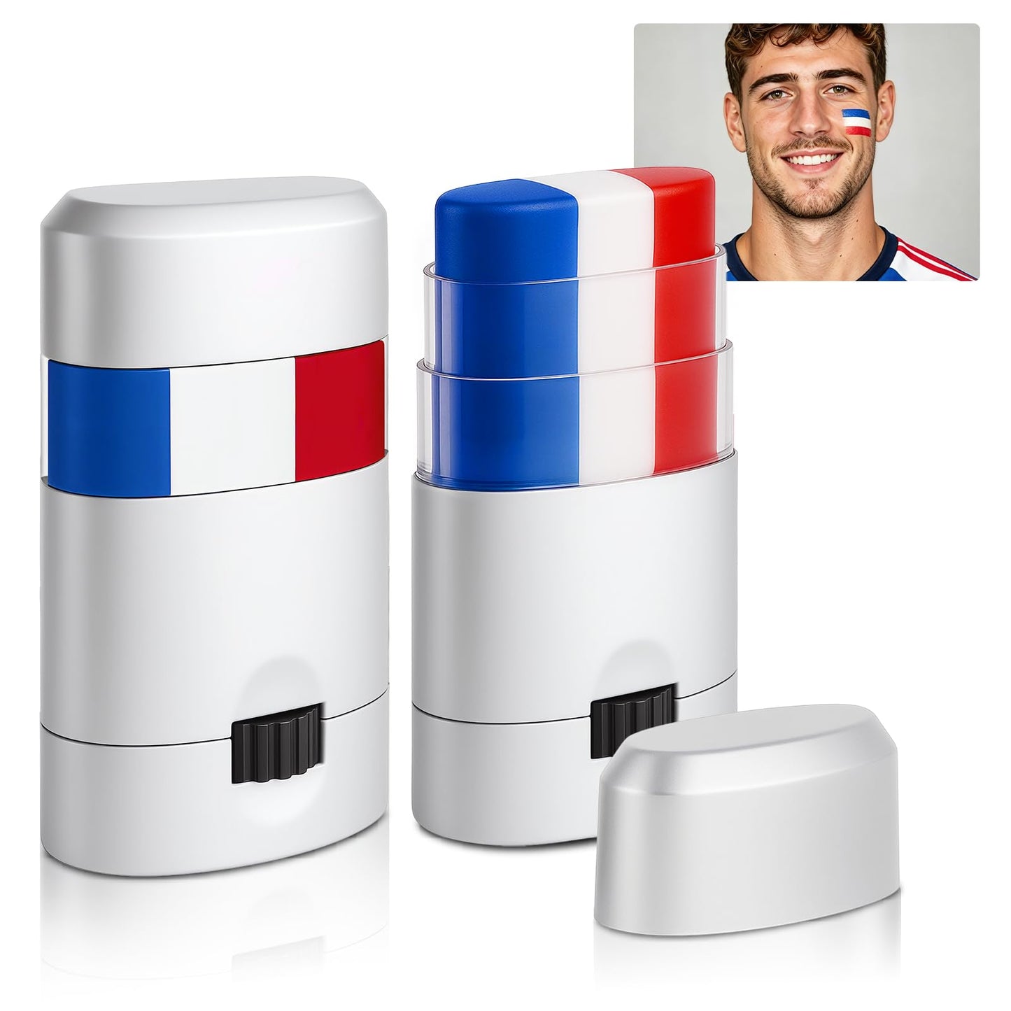 2PCS Red White and Blue Face Body Paint Stick for World Cup 2026, USA Patriotic Baseball Softball Eye-Black, 4th of July Accessories for Women, Soccer Fans Makeup (America France Netherlands Croatia)