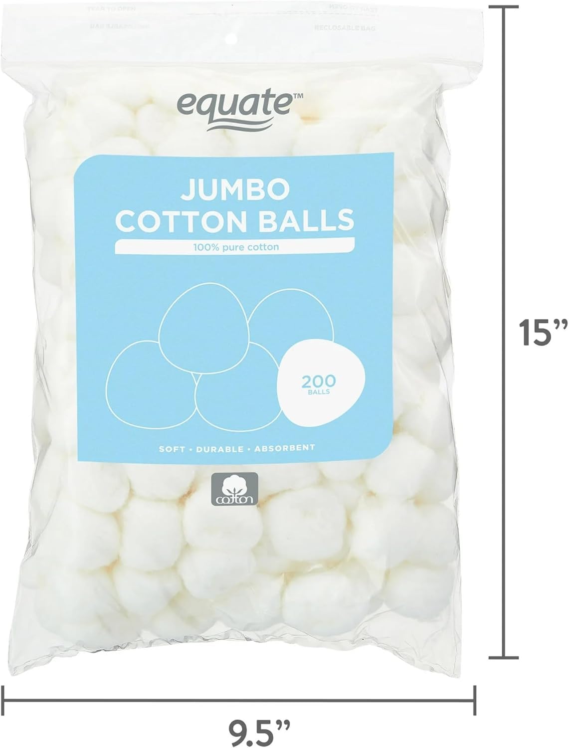 Equatte Jumbo Cotton Balls, 100% Pure Cotton, White, Soft and Absorbent, Hypoallergenic, Fragrance-Free, for Skin Care and Crafts, 200 Count