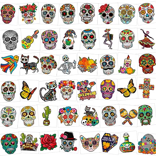 96pcs Day of the Dead Skeleton Face Tattoos - Colorful Sugar Skull Stickers for Halloween & Mexican Fiesta