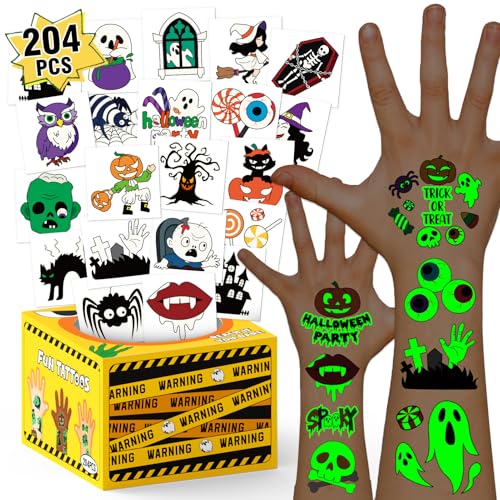 204 Luminous Halloween Tattoos for Kids with Mystery Prize Box