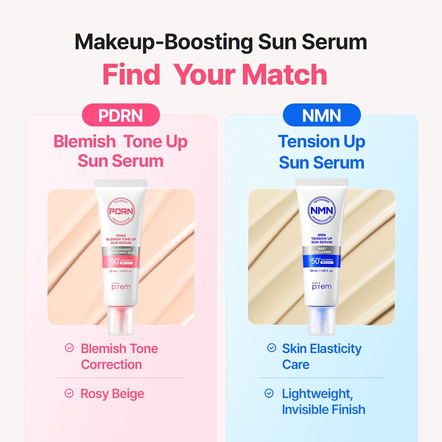 MAKE P:REM PDRN Tone-Up Sun Serum SPF 50, Korean Sunscreen, Lightweight Tinted Facial Sunscreen with Rosy Beige Tone-Up Effect, Radiant Glow Finish, Makeup-Friendly Daily Sunscreen, 1.69 fl oz (50ml)