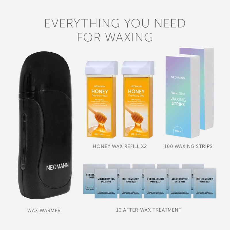 Roll on Wax Kit for Hair Removal with 2x Honey Cartridges Black | 100 Wax Strips wax roller for Hair Removal-Pink with 10 PostWax Treatments