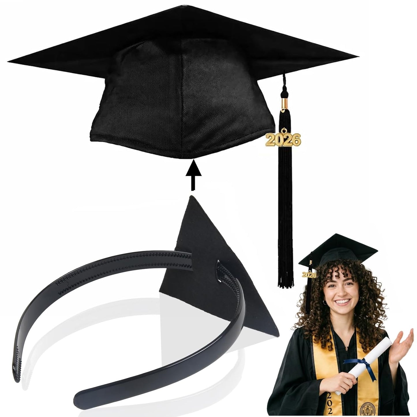 Graduation Cap Headband Insert - Secure Fit for Curly & Thick Hair | No-Slip Design, Black