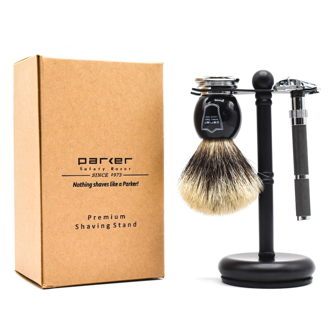 Parker Deluxe Black 2-Prong Razor and Brush Shave Stand